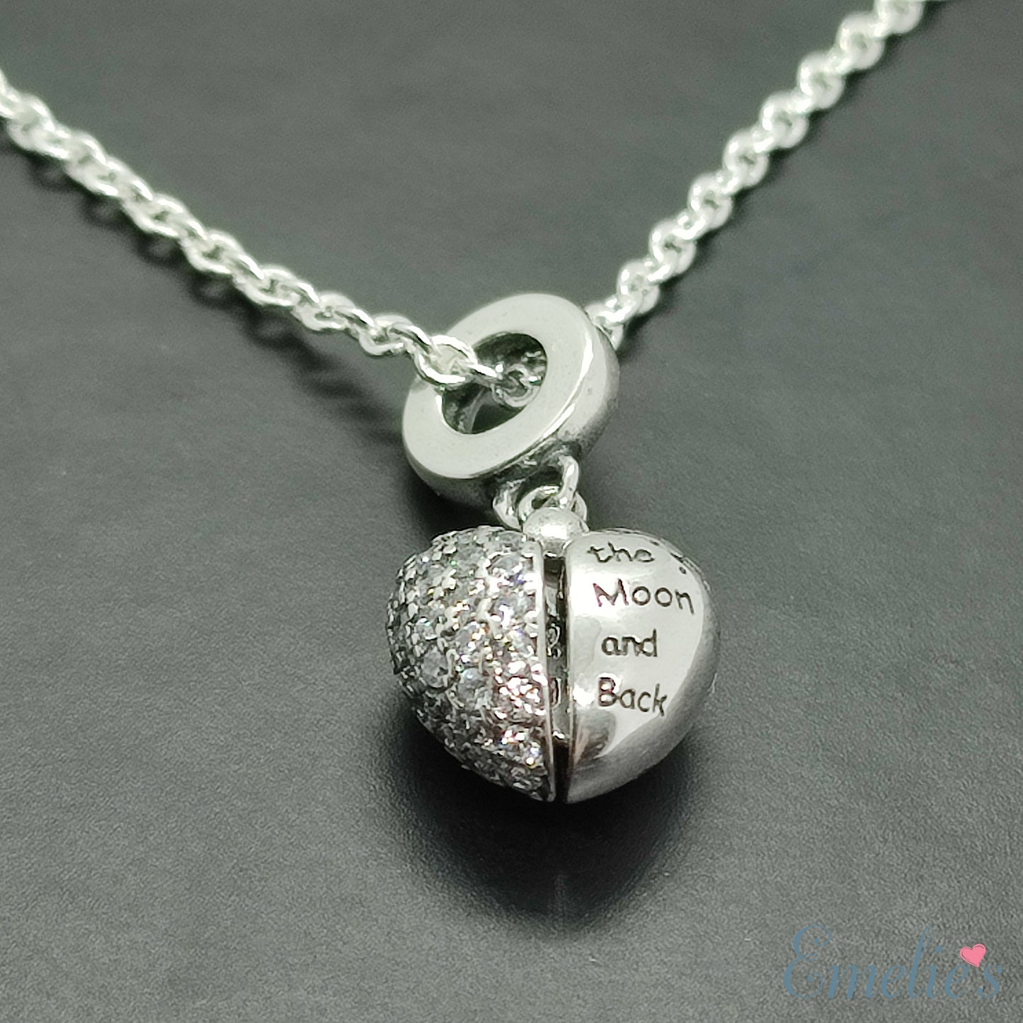 I Love You To The Moon and Back Heart Pendant and Necklace. Pendant also fits Pandora Bracelet.  Available in 4 colours