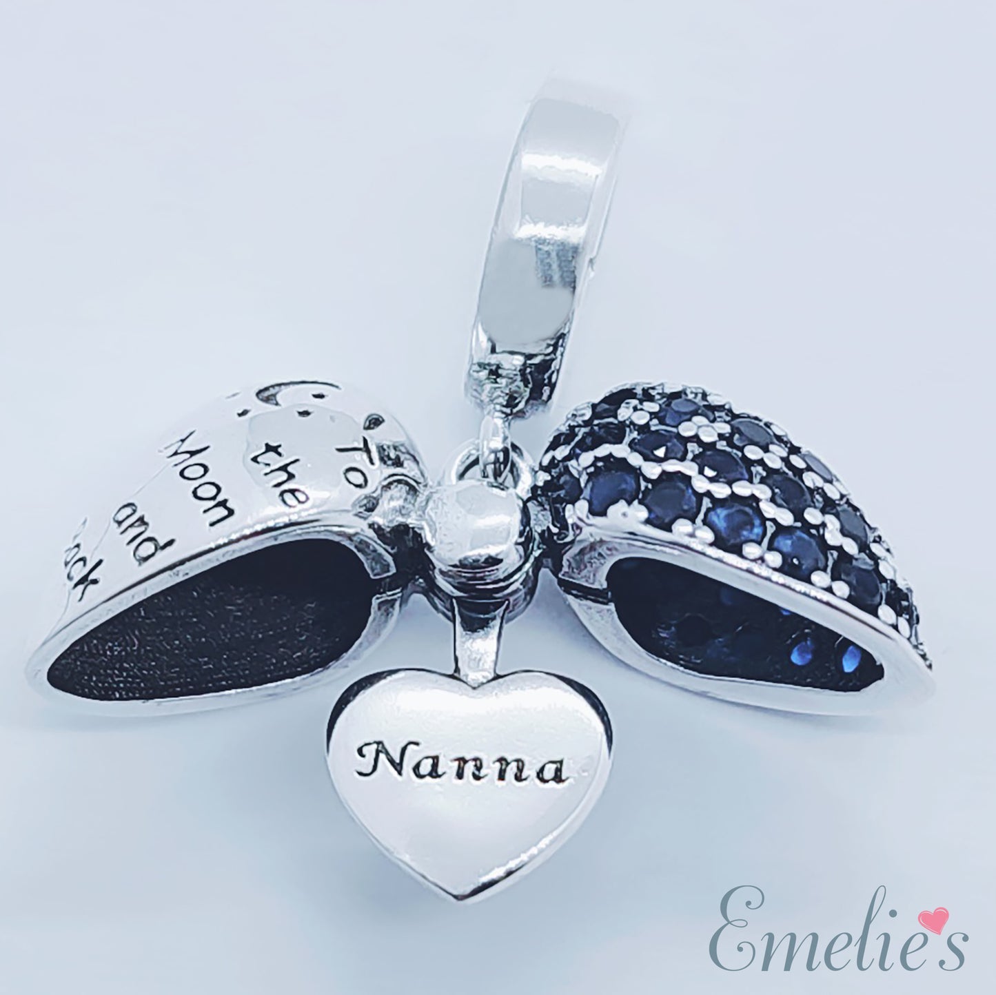 Nanna  I Love You To The Moon and Back Heart Pendant and Necklace. Pendant also fits Pandora Bracelet.  Available in 4 colours