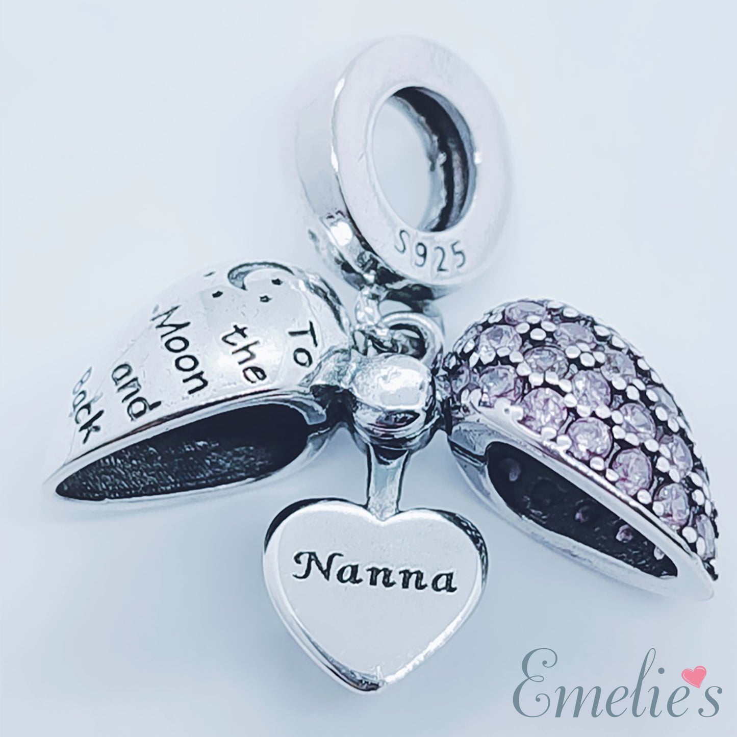 Nanna  I Love You To The Moon and Back Heart Pendant and Necklace. Pendant also fits Pandora Bracelet.  Available in 4 colours