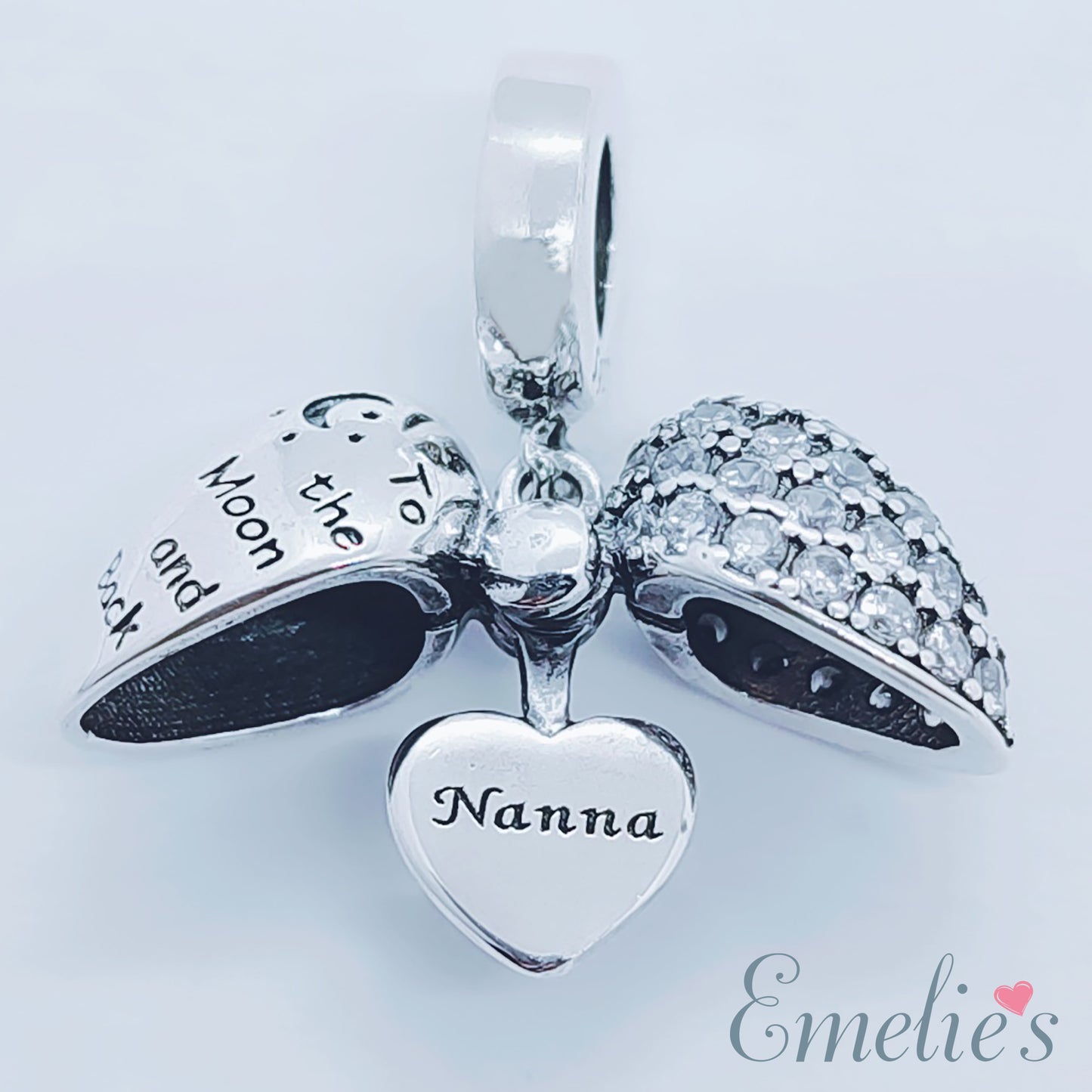 Nanna  I Love You To The Moon and Back Heart Pendant and Necklace. Pendant also fits Pandora Bracelet.  Available in 4 colours