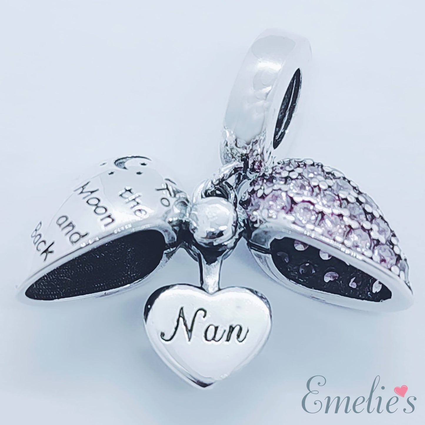 Nan I Love You To The Moon and Back Heart Pendant and Necklace. Pendant also fits Pandora Bracelet.  Available in 4 colours